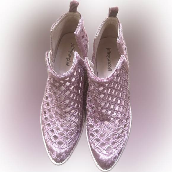 Jeffrey Campbell Shoes - Jeffrey Campbell Taggart Pink Velvet Ankle Booties Open Weave EUC Tags on Bottom